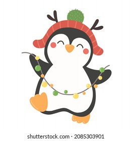 Cute penguin with garland, vector illustration for cover, print, collage, decor, sticker