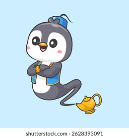 Cute Penguin Genie In Lamp Cartoon Vector Icon Illustration. Animal Holiday Icon Concept Isolated Premium Vector. Flat Cartoon Style