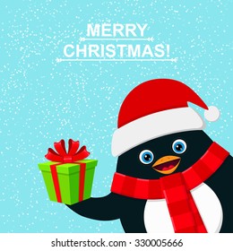 Cute penguin with gift box and felicitation Merry Christmas