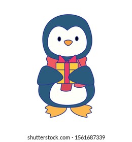 cute penguin with gift box icon over white background, vector illustration
