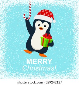 Cute penguin with gift box and Merry Christmas