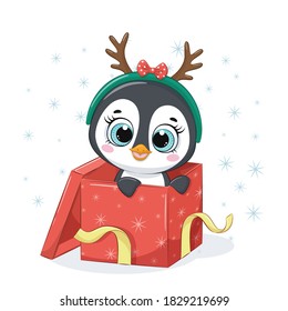 Cute penguin in gift box. Vector illustration for baby shower, greeting card, party invitation, fashion clothes t-shirt print.