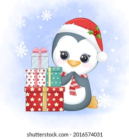 Kuschelpinguin mit Geschenkbox im Winter und Weihnachtsgrafik.