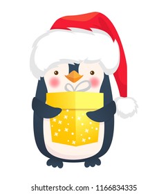 Cute penguin with gift. Penguin cartoon vector illustration.