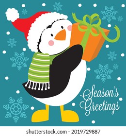 Cute penguin and gift for chrsitmas card, gift bag or box design