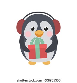 Cute penguin with a gift and earflaps