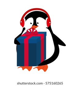 cute penguin with gift isolated icon