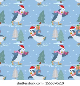 Cute penguin with gift on skate in winter.