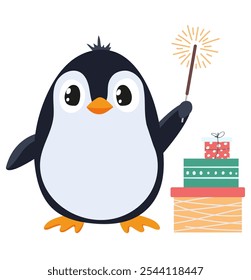 Cute Penguin with gifts and sparkles, Vector Illustration. Adorable Character Design for Winter and Holiday Projects