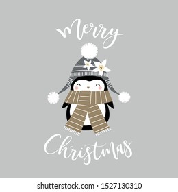 Cute penguin girl with Christmas slogan on grey background. Perfect for tee shirt logo, greeting card, invitation or print design. You can find the matching seamless pattern in my Christmas set.