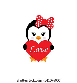 cute penguin girl with heart and text