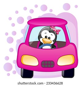 Cute Penguin girl is sitting in a car 