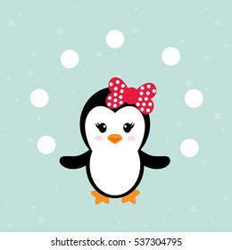 cute penguin girl with snowball