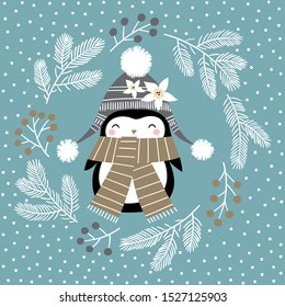 Cute penguin girl in wreath on light blue background. Perfect for tee shirt logo, greeting card, poster, invitation or print design. 