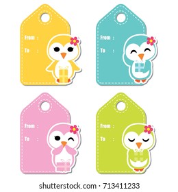 Cute penguin girls on colorful background vector cartoon illustration for birthday gift tag design, label tag and sticker set design