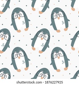 Cute penguin with glasses. Children's pattern in a cartoon style. Vector illustration for print, textile, wrapping paper, wallpaper.