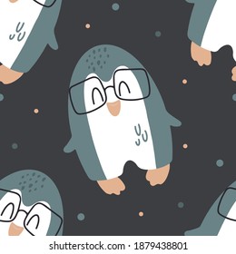 Cute penguin with glasses. Children's pattern in a cartoon style. Vector illustration for print, textile, wrapping paper, wallpaper.