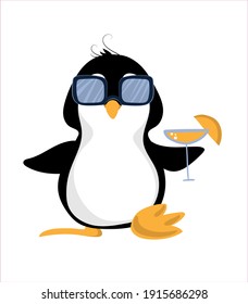 
Cute penguin with glasses and a cocktail.Humor illustration. Print for T-shirts, sweatshirts, sweaters. Fun hol