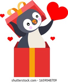 Cute penguin going out of red gift holding a heart
