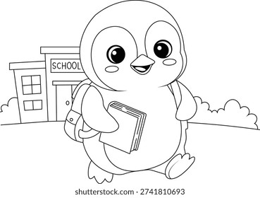 Cute Penguin Going to School Coloring Page – Back to School Cartoon Animal Outline.eps

Adorable baby penguin with backpack and books walking in front of school building. Black and white cartoon line art perfect for back to school coloring book, kids worksheet, educational printable, and classroom activity pages.