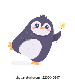 Cute penguin with gold sparkler vector illustration. Cartoon isolated funny animal character dancing with fireworks and bengal lights, Christmas party or New Year celebration of happy penguin