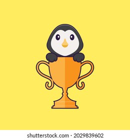 Cute penguin with gold trophy. Animal cartoon concept isolated. Can used for t-shirt, greeting card, invitation card or mascot.