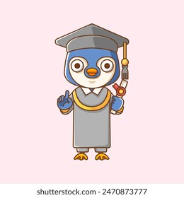 Cute penguin graduation animal kawaii chibi character mascot illustration outline style design set
