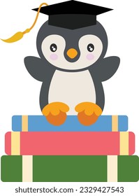 Cute penguin with graduation cap sitting on top of books

