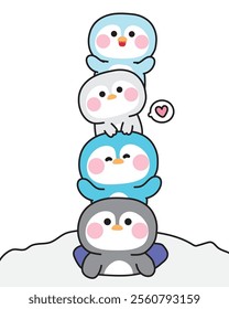 Cute penguin greeting and stay in ice floor.Heart.Polar bird animal character cartoon design.Image for card,sticker,baby clothing.Kawaii.Vector.Illustration.