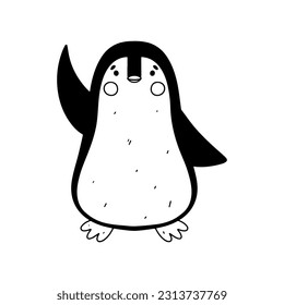 Cute penguin in hand drawn doodle style. Vector illustration isolated on white. Coloring page.