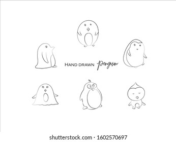 cute penguin hand drawn icon vector set line art, Doodle Cartoon Animals in black and white style, Perfect for invitations,greeting cards, prints, posters