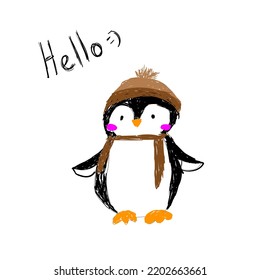 Cute penguin hand drawn style. Penguin in a hat and scarf. Vector illustration on the theme of winter. Inscription - Hello. Print for textiles, children's clothing, notebooks.White isolated background