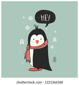 Cute penguin. hand drawn vector illustration. Can be used for t-shirt print, kids wear fashion design, baby shower invitation card.