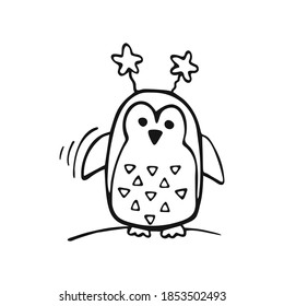 Cute penguin hand-drawn doodle in a holiday accessory
isolated on a white background. Vector illustration