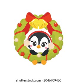 Cute penguin hanging in Christmas wreath. Flat vector cartoon design