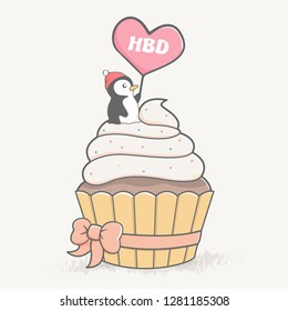 Cute penguin with happy birthday cake cartoon hand drawn vecter illustration. Use for Happy birthday invitation card, T-shirt print, baby shower.