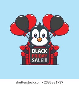 cute penguin happy in black friday sale cartoon vector illustration