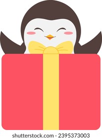 Cute penguin is happy with the gift. Vector illustration for children in flat style for advertising of sales, New Year, Christmas