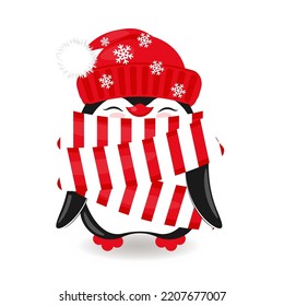 Cute penguin in a hat Christmas vector illustration