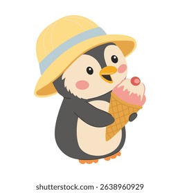 Cute penguin in hat with ice cream. Flat vector illustration in simple child style isolated on white background