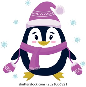 A cute penguin in a hat, mittens and scarf. Christmas vector illustration. Mascot.