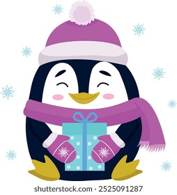 A cute penguin in a hat, mittens and scarf holding a gift against a background of snowflakes. Christmas vector illustration. The mascot.