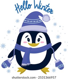 A cute penguin in a hat, mittens and scarf on a background of snowflakes with the inscription hello winter. Christmas vector illustration, children's illustration, web design, postcard. The mascot.