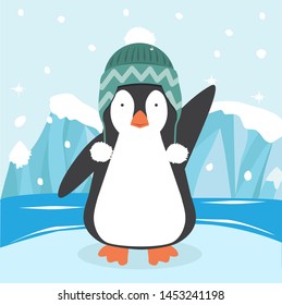 Cute penguin in a hat  on ice floe