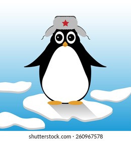Cute penguin in a hat on ice floe - vector illustration