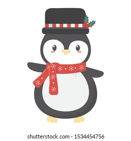 cute penguin with hat and scarf celebration merry christmas vector illustration