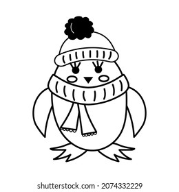Cute penguin with hat and scarf in doodle style. Winter baby cartoon character.