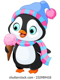 Cute penguin with hat and scarf eats an ice cream