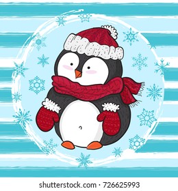 Cute penguin in hat, scarf, and gloves.For print, baby clothes, t shirt, child or wrapping  paper. Creative kids original design 