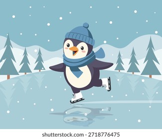 Cute penguin in hat skates on ice in a snowy winter fairytale landscape. Holiday card illustration. 